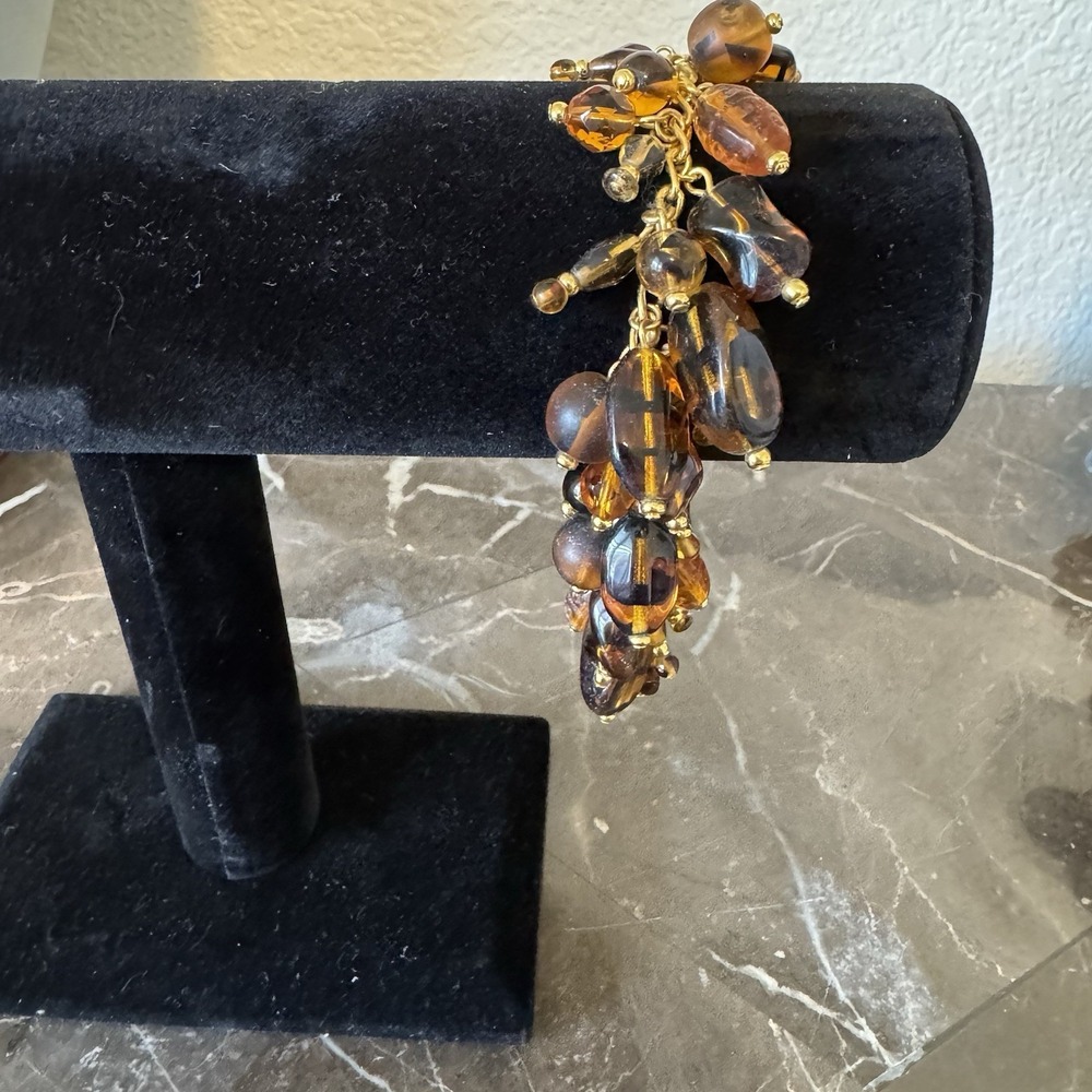 Joan Rivers Goldtone Tiger Striped Amber Colored Glass‎ Dangle Bracelet 7-9"